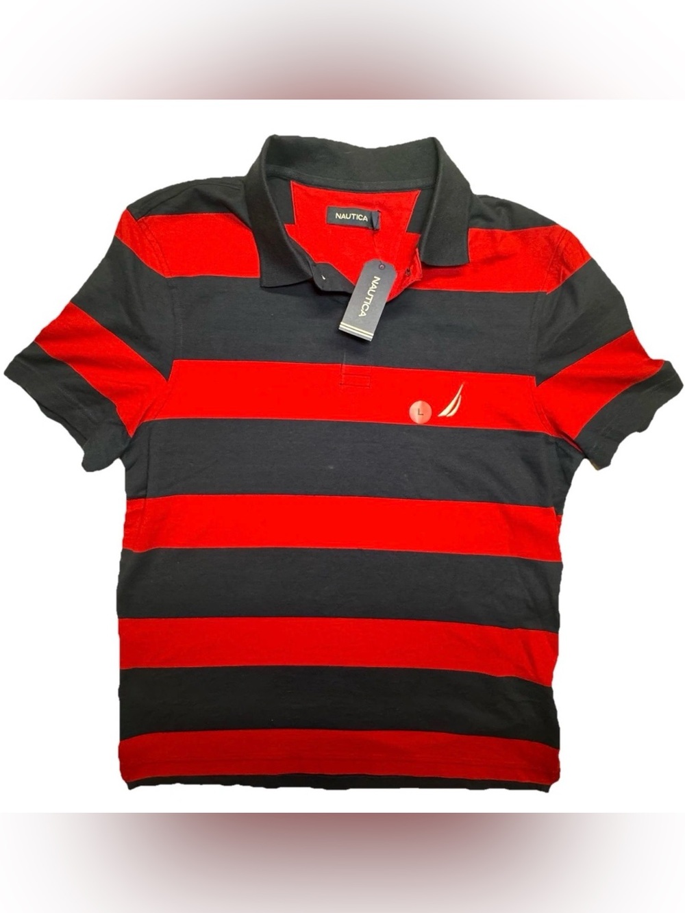 Nautica Mens Polo Shirt L Red Navy Striped Short Sleeve Cotton